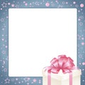 Invitation, Greeting or Gift card. Blue frame with gift box with pink bow. Template with place for text. Royalty Free Stock Photo