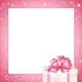 Invitation, Greeting or Gift card. Pink frame with gift box with pink bow. Template with place for text. Royalty Free Stock Photo