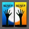 Invitation halloween party banner poster with illustration of zombie corpse hand with full moon