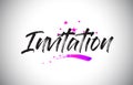Invitation Handwritten Word Font with Vibrant Violet Purple Stars and Confetti Vector