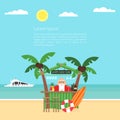 Invitation on Merry Christmas and New Year. Sea, yacht,palm tree and cute bartender santa. Summer background - sunny