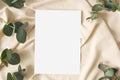 Invitation mockup with eucalyptus leaves on the nude fabric