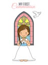 Girl praying with church window behind