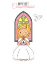 Girl praying with church window behind