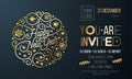 Invitation for New Year party of golden decoration for holiday event card or poster design template. Vector calligraphy lettering,