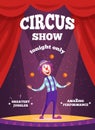 Invitation Poster For Circus Show Or Magicians Performance. Illustration Of Clown Juggle On The Scene