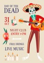 Invitation poster for Day of the Dead party with skeleton playing guitar in festival costume and sombrero. Advertising