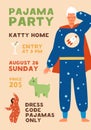 Invitation poster for pajama home party. Vertical placard with happy man in superhero jumpsuit. Flyer template for