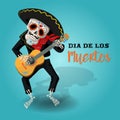 Invitation poster to the Day of the dead party. Dea de los muertos card with skeleton playing the guitar.