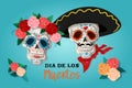 Invitation poster to the Day of the dead party. Dea de los muertos card with skeleton and roses.