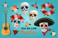 Invitation set to the Day of the dead party. Dea de los muertos card with skeleton and roses.