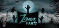 Invitation template Halloween Zombie party. Zombie hand rising from the grave at the graveyard with tombstones and moon In spooky Royalty Free Stock Photo