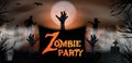 Invitation template Halloween Zombie party. Zombie hand rising out from the ground at the graveyard with tombstones and moon In Royalty Free Stock Photo