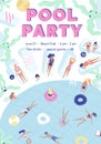 Invitation template for summer pool party with people dressed in swimsuits, swimming, and sunbathing at resort. Flat Royalty Free Stock Photo