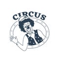 Circus performance, clown animator cheers audience, tricks, comic fun show.