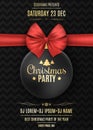 Invitation to a Christmas party. Black ball with a red ribbon on a black background with a pattern. The names of the DJ Royalty Free Stock Photo