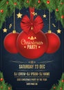 Invitation to a Christmas party. Christmas concept. Red ball with red ribbon on a dark blue background with snowflakes. Fir tree a Royalty Free Stock Photo