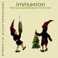 An invitation to a Christmas party. the elves of Santa Claus with champagne and Christmas tree. Merry Christmas sign