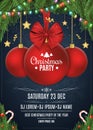 Invitation to a Christmas party. Red ball with a bow of tape. Christmas concept from fir tree, snow berries, gold stars and lollip Royalty Free Stock Photo