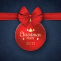 Invitation to a Christmas party. Red ball with red ribbon on a dark blue background with snowflakes. Gold text .Vector Royalty Free Stock Photo