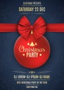 Invitation to a Christmas party. Red ball with red ribbon on a dark blue background with snowflakes. The names of the DJ Royalty Free Stock Photo