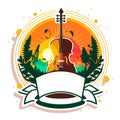 Invitation to a concert of garden classical music. Musical instruments, cello or violin. Cartoon vector illustration. label, Royalty Free Stock Photo