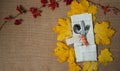 Invitation to dinner.  Spoon, fork, knife, linen napkin, autumn leaves on a textile background. Royalty Free Stock Photo