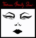 Invitation to a fashion show with a black and white graphic face of a girl with makeup with arrows and black lips