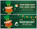 Invitation to Irish holiday of St. Patrick. Funny cartoon Leprechaun with an Irish flag and pint of beer