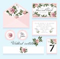 Invitation to the wedding, an envelope, a room number for a table and others. Design with roses