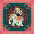 Invitation, vintage greeting card, pillowcase or ethnic bandana print with cute elephant, peacock, mandala and paisley border.