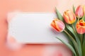 an invitation with a white place to write a text on the background of a peaceful down with delicate tulip buds