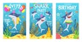 Invitations card with cute sharks. Color greeting card, undersea world animals. Shark, seaweed and fish kids party Royalty Free Stock Photo