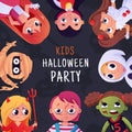 Invite to Halloween kid party in costumes. Funny baby alien characters. Dragon child in school. Friends celebration Royalty Free Stock Photo