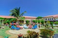 Inviting amazing gorgeous view of spa welcoming tropical garden and grounds on sunny day