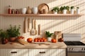 Inviting Atmosphere. Cozy Kitchenware Display on Wooden Table, Warmly Illuminated