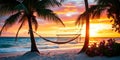 An inviting beach scene with an empty hammock strung between two palm trees and ocean. AI generat