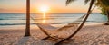 An inviting beach scene with an empty hammock strung between two palm trees. Sunset, ocean waves. AI generated