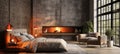 Inviting bedroom with bed, pillow, coverlet, fireplace, and brick wall in modern loft interior Royalty Free Stock Photo