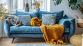 inviting living room, inviting blue sofa with cozy throw blanket and decorative pillows, beckoning you to relax and
