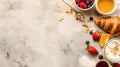 Inviting breakfast spread on a marble surface. fresh croissant, berries, and yogurt. top view breakfast table display Royalty Free Stock Photo