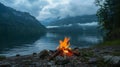 Inviting campfire on the beach during the summer, bring back fond memories. Fun and good times at lake. Royalty Free Stock Photo