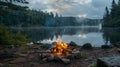 Inviting campfire on the beach during the summer, bring back fond memories. Fun and good times at lake. Royalty Free Stock Photo