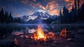 Inviting campfire on the beach during the summer, bring back fond memories. Fun and good times at lake. Royalty Free Stock Photo