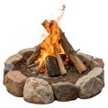 Campfire surrounded by stones with flames dancing brightly on a white background Royalty Free Stock Photo