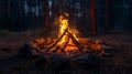 Inviting campfire at dusk with vibrant flames encircled by rocks, set against a backdrop of a dense pine forest, creating a cozy