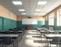 Inviting classroom scene with desks ready for students, a bright learning environment fostering education and growth in a clean, Royalty Free Stock Photo