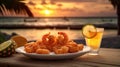 Inviting coconut shrimp and paired fruity rum punch, magazine - style composition, featuring a serene beachside sunset background