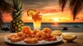 Inviting coconut shrimp and paired fruity rum punch, magazine - style composition, featuring a serene beachside sunset background