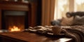 The inviting coffee cup resting on a cozy blanket by the fireplace. AI generated image Royalty Free Stock Photo